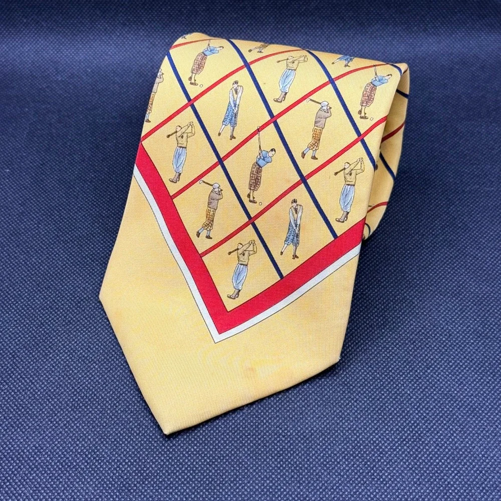 Vintage Polo Ralph Lauren Yellow Golf Motif Silk Tie Made in USA